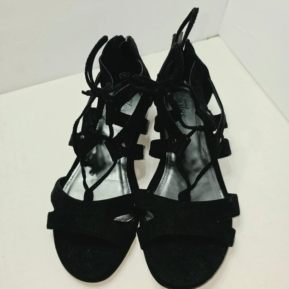 Catherines Good Soles Black Faux Suede Lace Up Gladiator Wedge Sandals Womens 9M